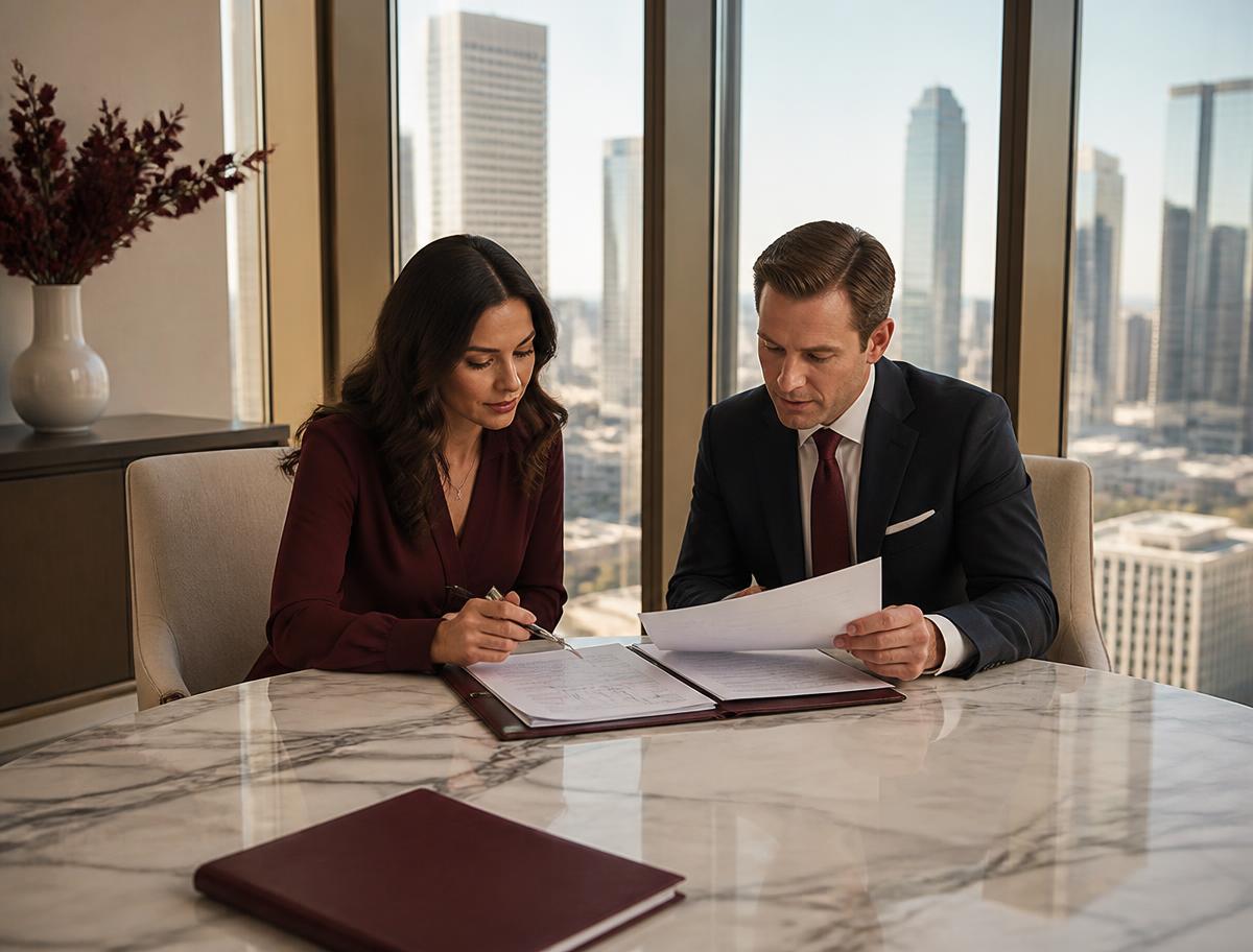 Financial professionals reviewing documents together
