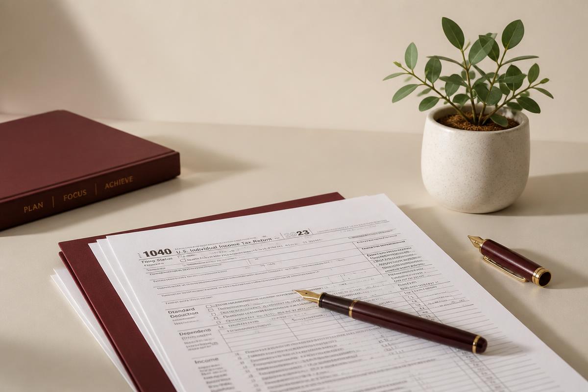 Tax documents and a fountain pen on a desk